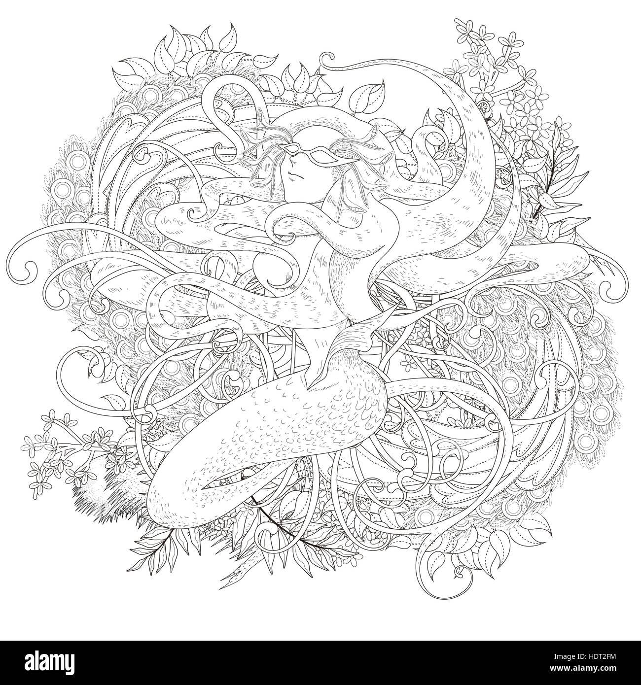 Jolie sirène coloriage avec éléments floraux en ligne exquis Illustration de Vecteur