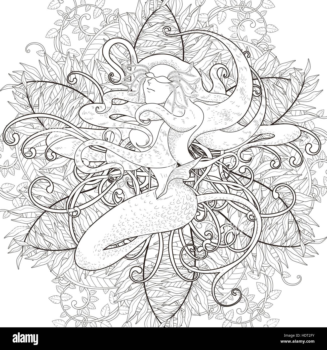 Jolie sirène coloriage avec éléments floraux en ligne exquis Illustration de Vecteur