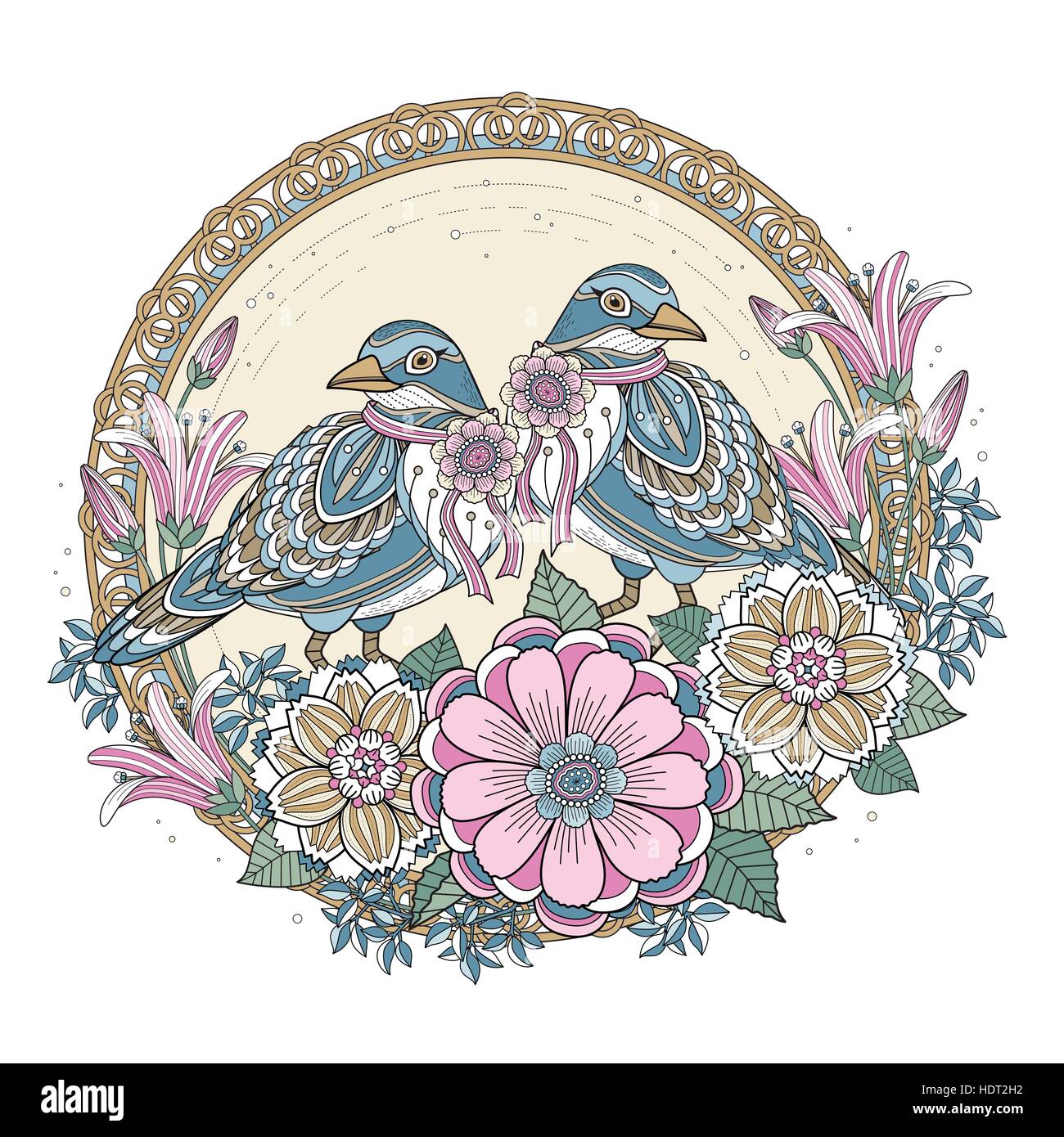 Bénédiction bird coloriage avec éléments floraux en ligne exquis Illustration de Vecteur