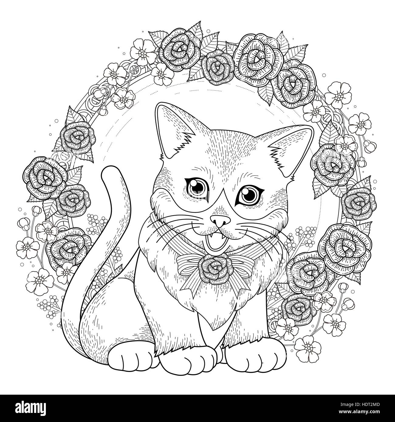 Adorable Kitty Coloriage Avec Couronne De Fleurs En Ligne Exquis Image Vectorielle Stock Alamy