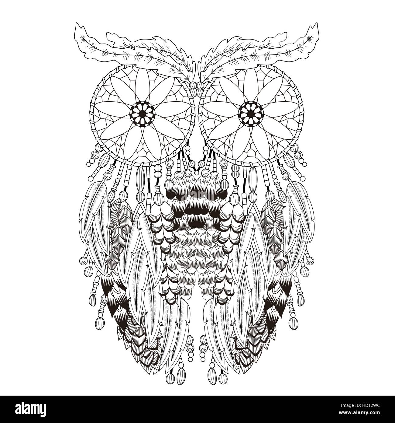 Coloriage hibou à couper le souffle avec des capteurs de rêve en ligne exquis Illustration de Vecteur