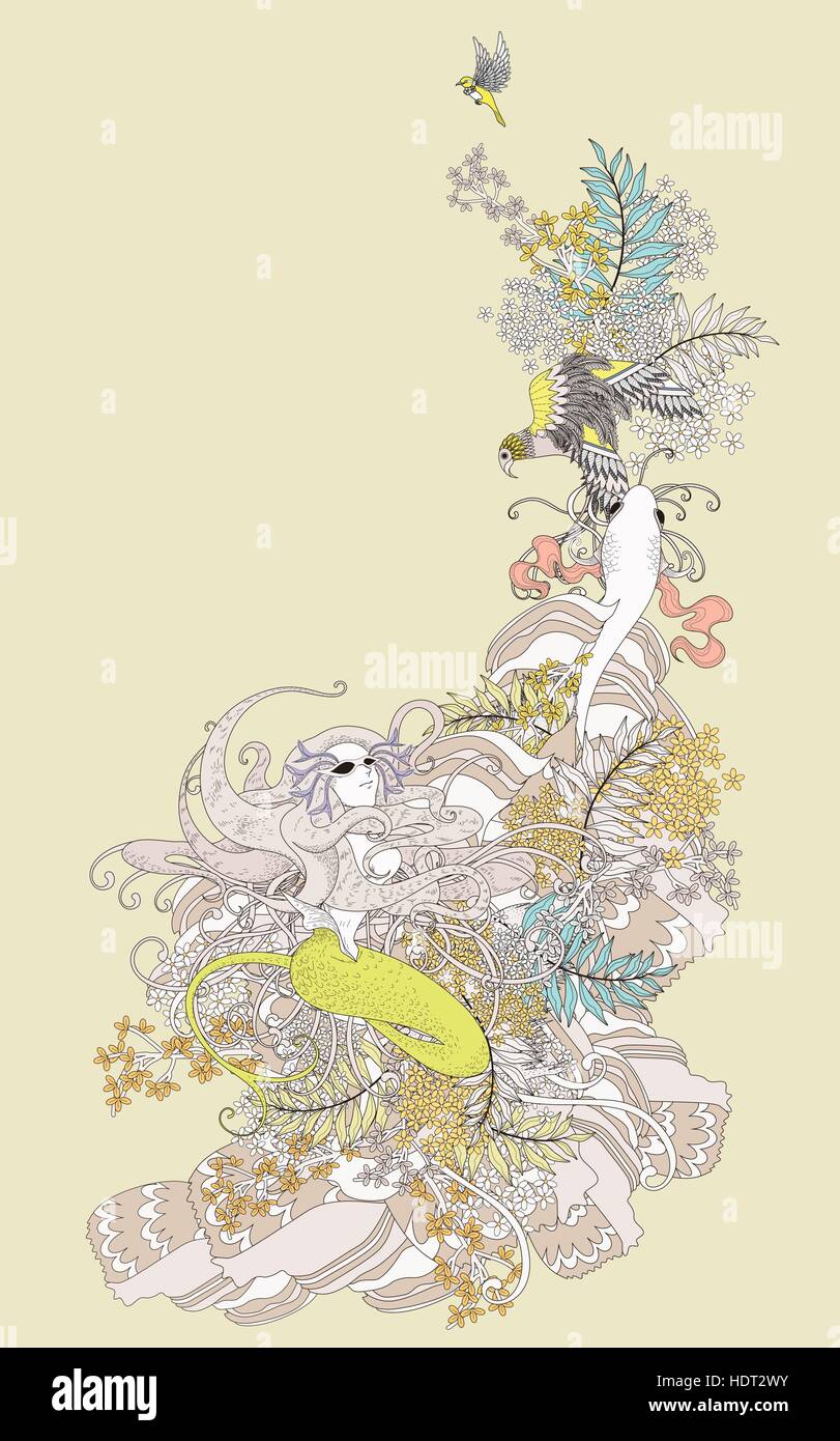 Jolie sirène coloriage avec éléments floraux en ligne exquis Illustration de Vecteur