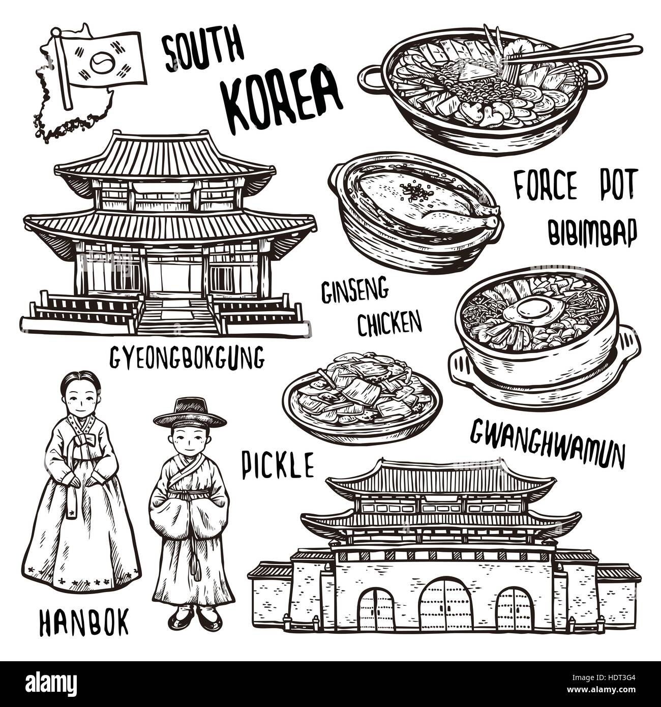 Concept de voyage en Corée du Sud, en style exquis à la main Illustration de Vecteur