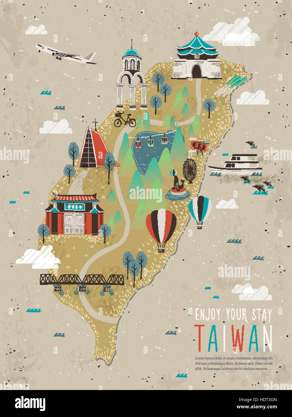 Adorable Taiwan attractions carte de télévision style - mots sur le bâtiment rouge signifie que la première école à Taiwan Illustration de Vecteur