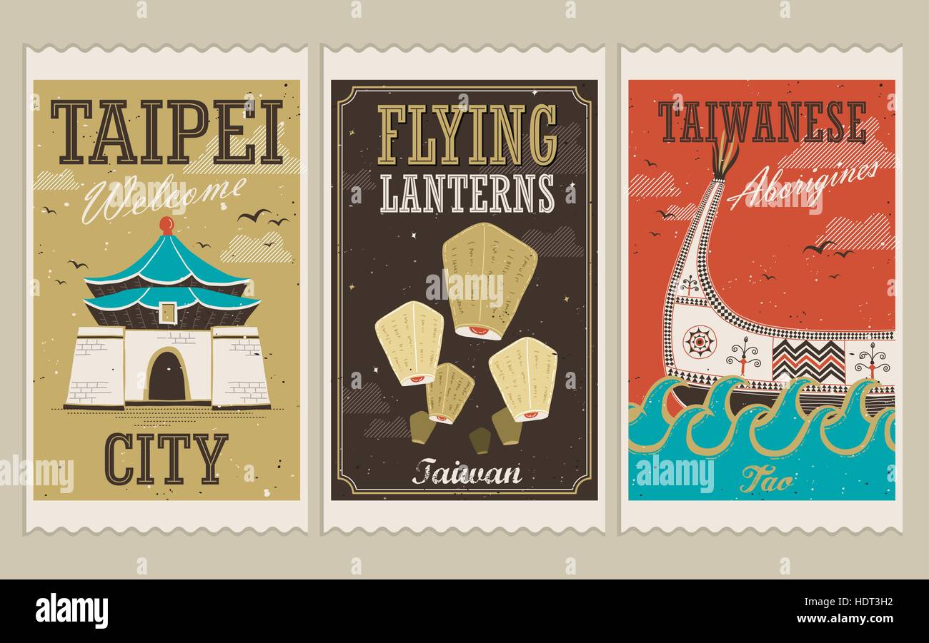 Attractions et Taiwan créative de la culture traditionnelle des timbres dans un style plat Illustration de Vecteur