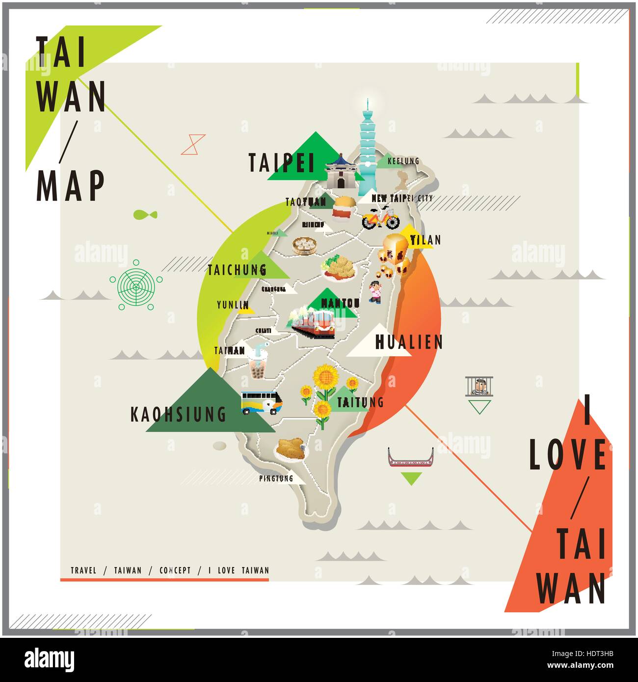 Adorable carte de voyage de Taiwan de repères et célèbre en-cas sur elle Illustration de Vecteur