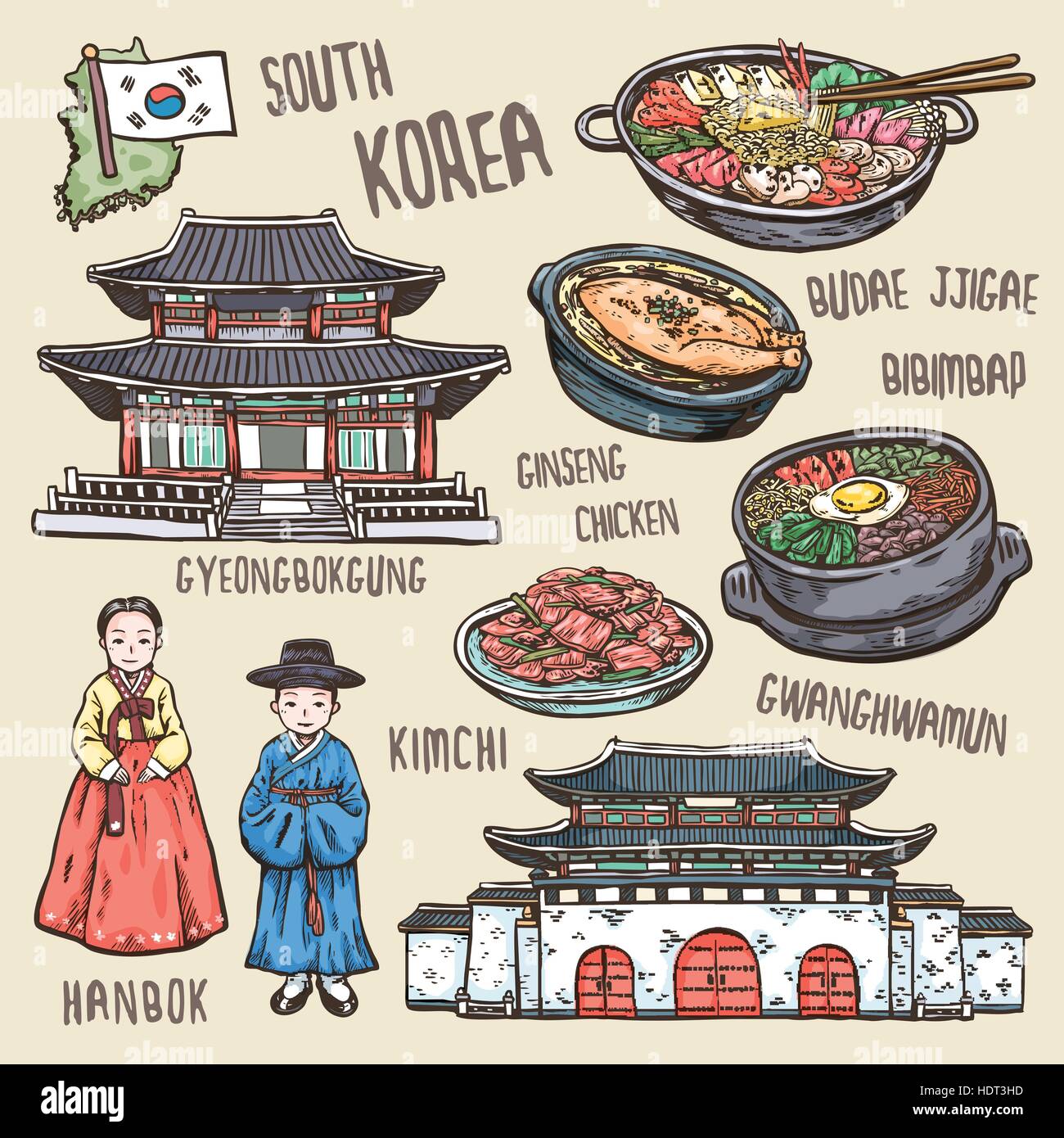 Concept de voyage coloré en Corée du Sud, en style exquis à la main Illustration de Vecteur