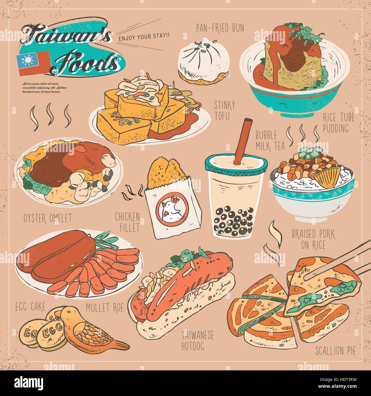 Taiwan de délicieux en-cas dans ensemble de collection style plat Illustration de Vecteur