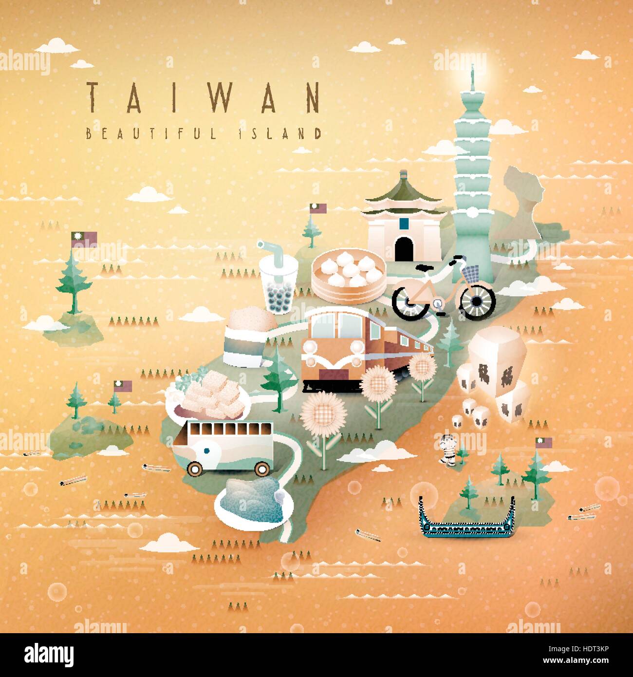 Attractions et Taiwan fantastique voyage plats carte en 3D isométrique style Illustration de Vecteur