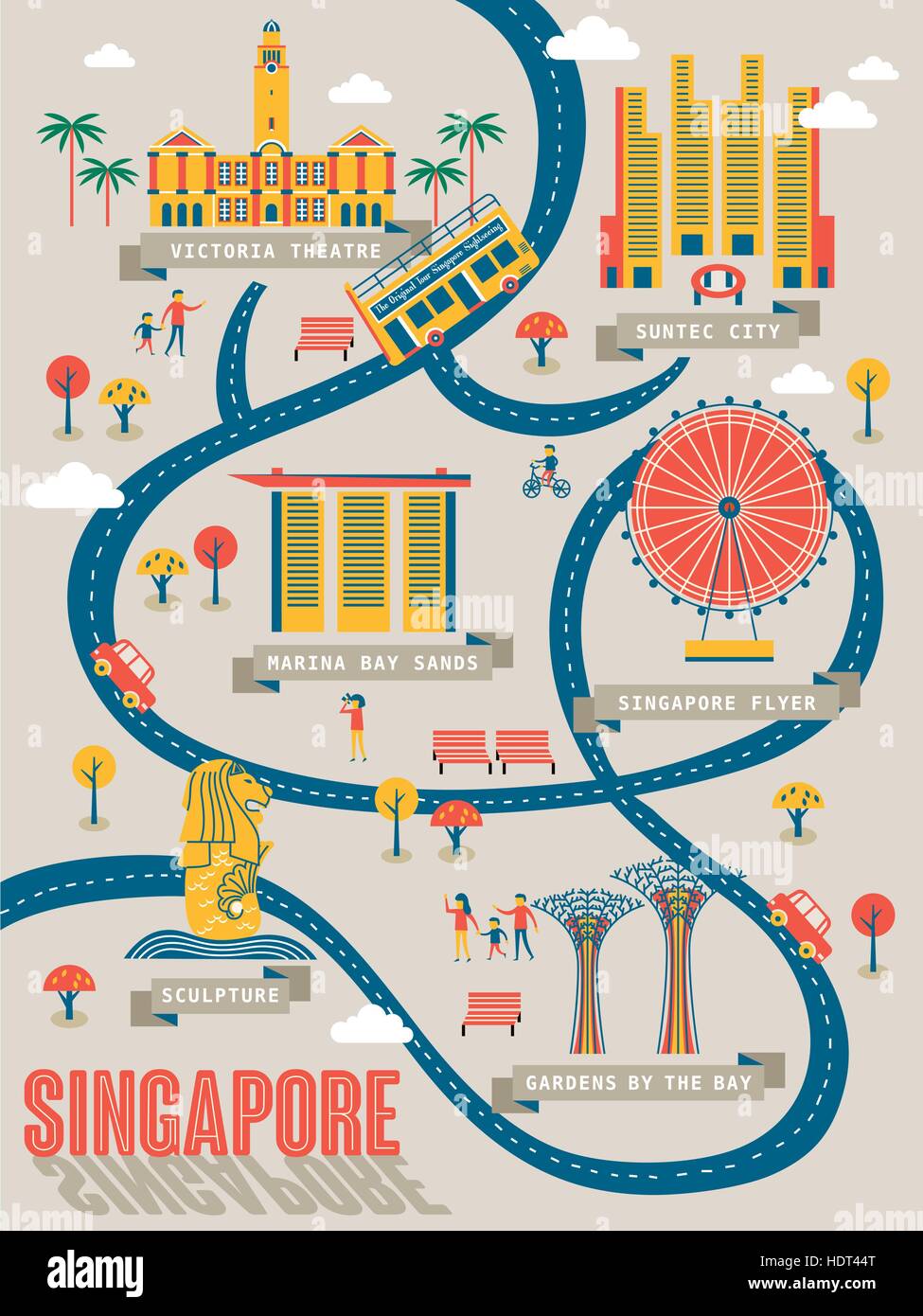 La carte de voyage Singapour avec de belles attractions touristiques dans modèle plat Illustration de Vecteur