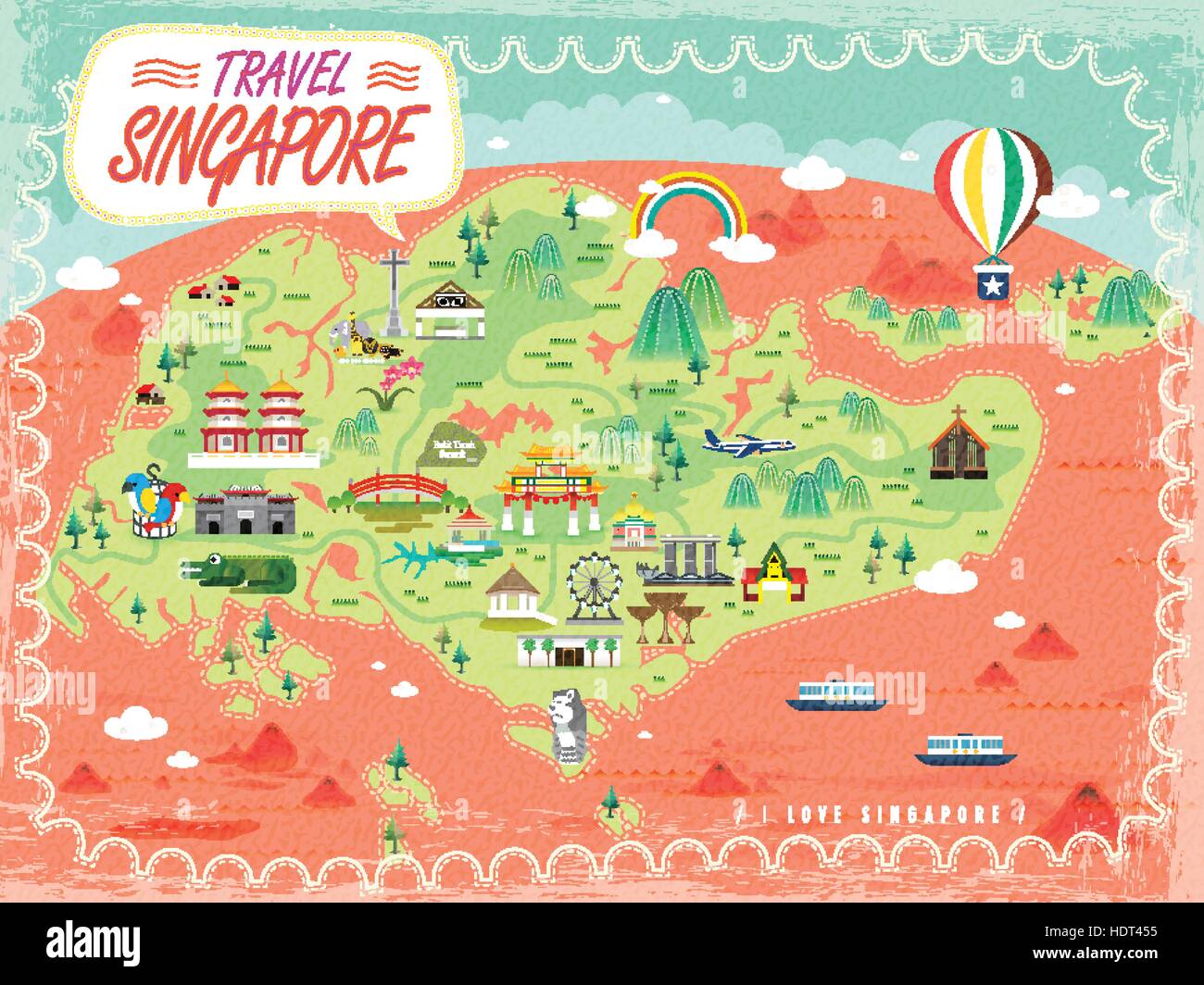 La carte de voyage Singapour avec de belles attractions touristiques dans modèle plat Illustration de Vecteur