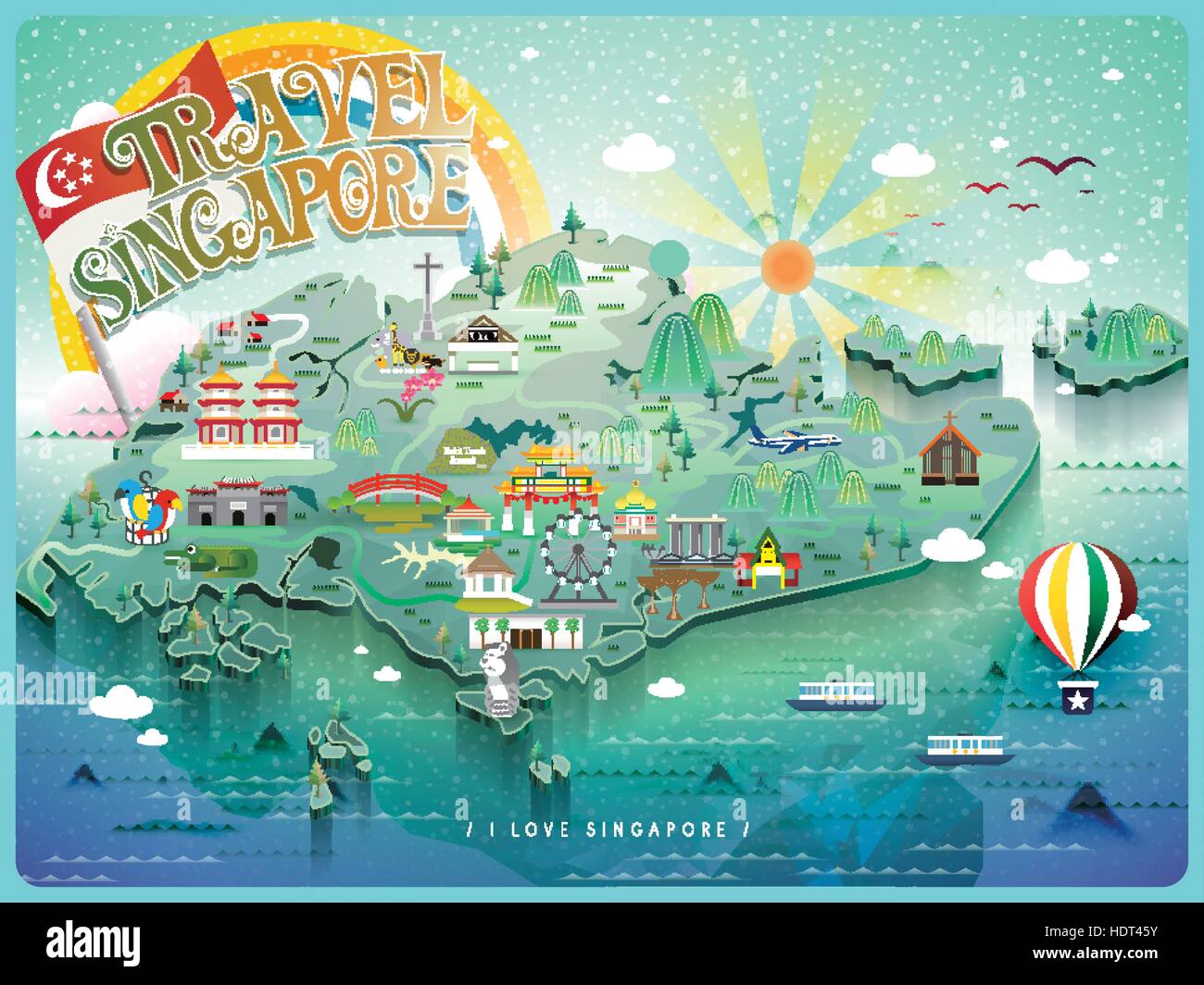 Belle carte de voyage Singapour avec l'icône colorée attractions touristiques Illustration de Vecteur