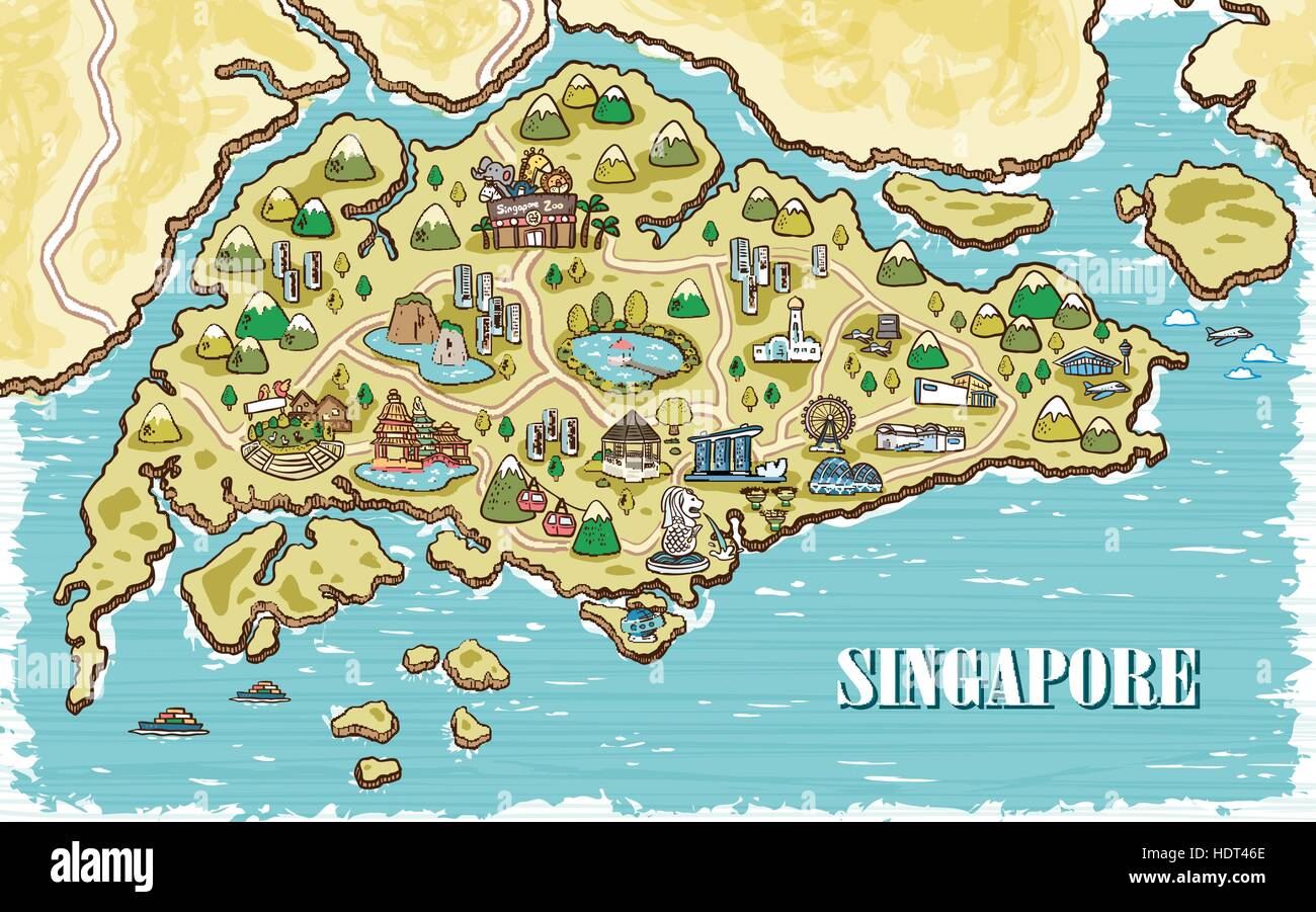 Adorable carte de voyage de Singapour dans un style dessiné à la main Illustration de Vecteur