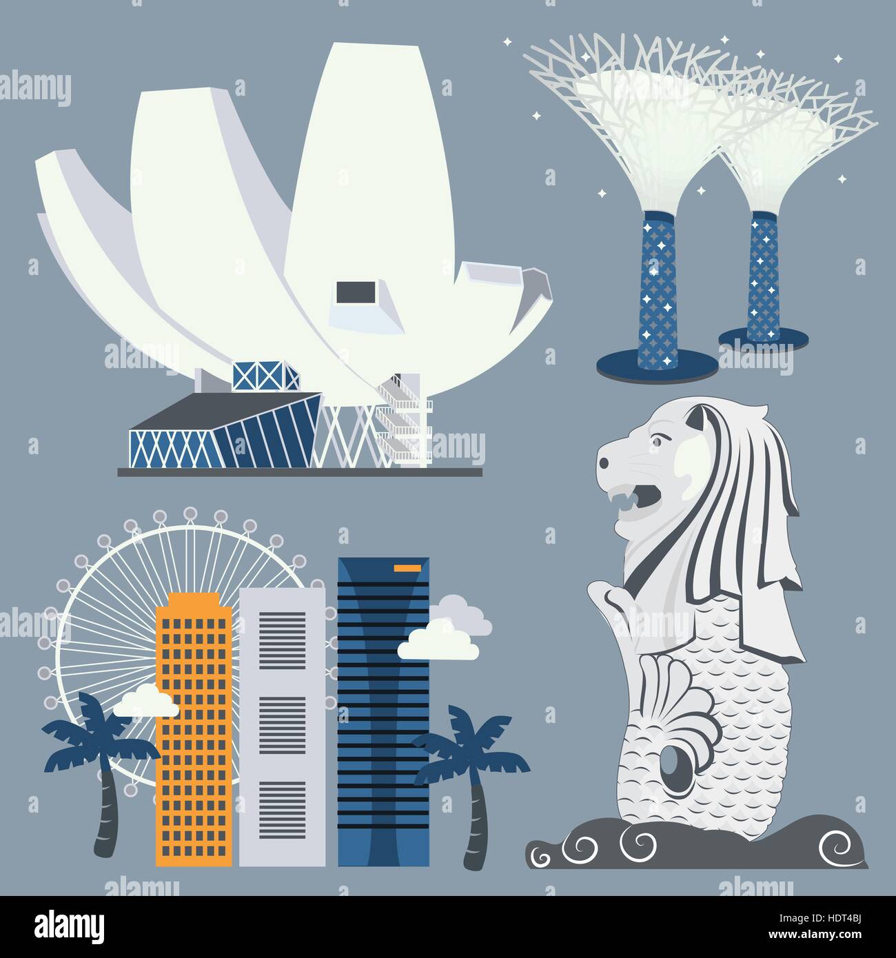 Singapour billet d'attractions touristiques dans la collection style plat Illustration de Vecteur