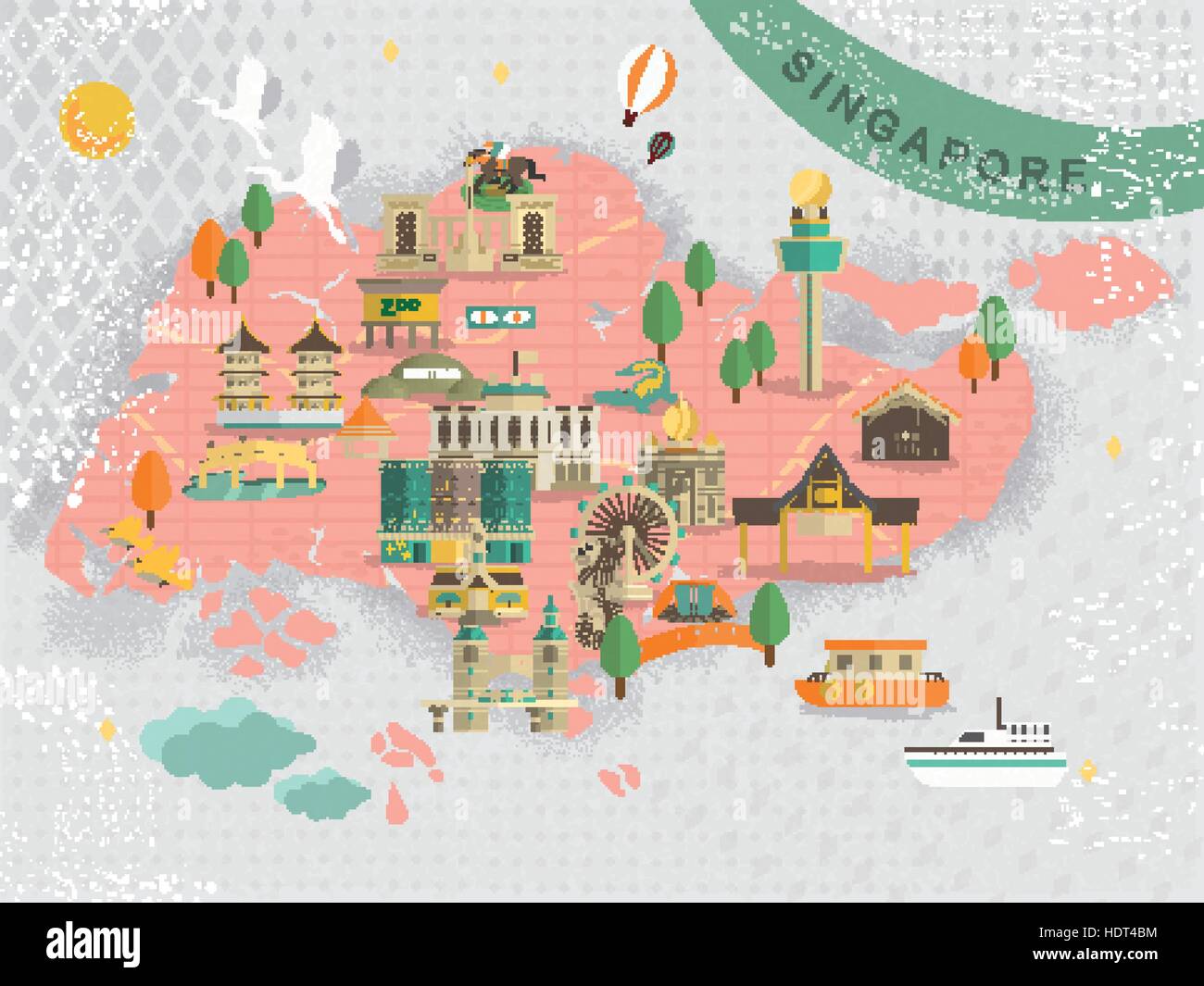 Adorable Singapore attractions à voir la carte de voyage dans le style plate Illustration de Vecteur