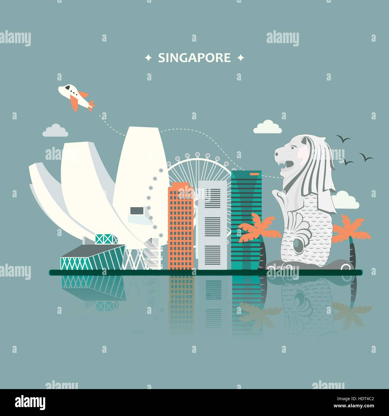 Singapour billet d'attractions touristiques dans la conception d'affiches style plat Illustration de Vecteur