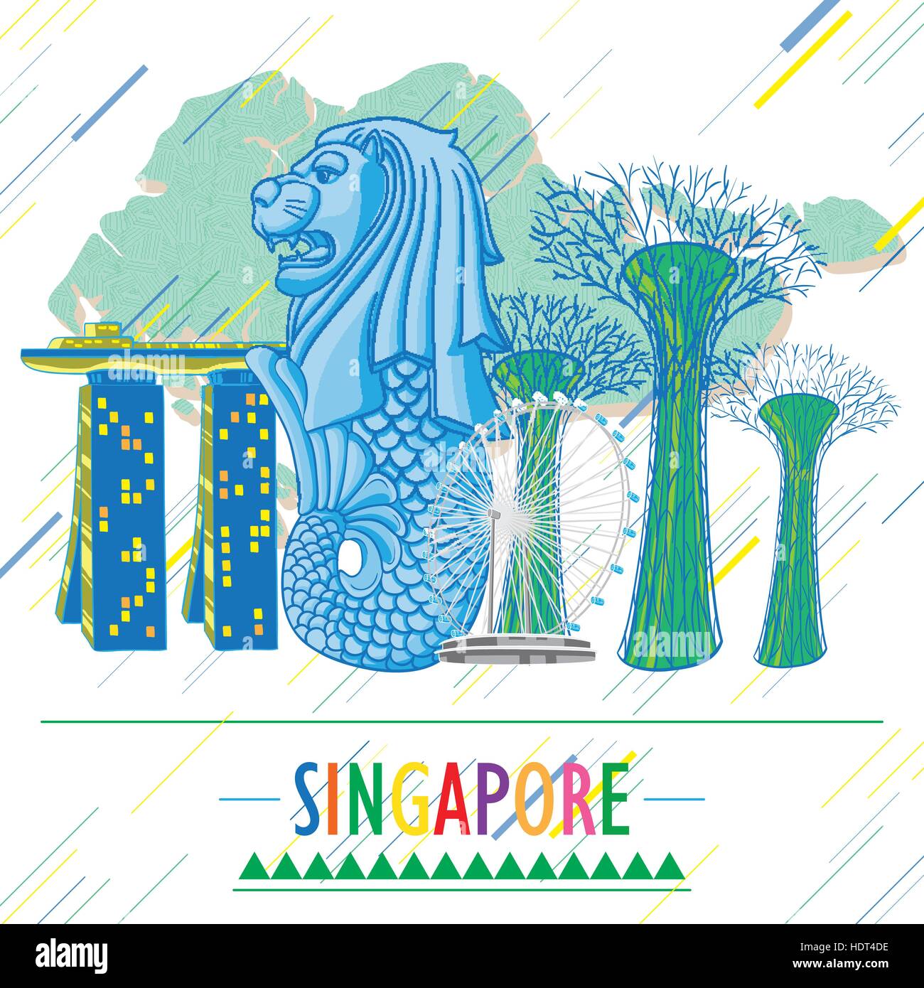 La conception d'images de voyage Singapour affiche en style dessiné à la main Illustration de Vecteur