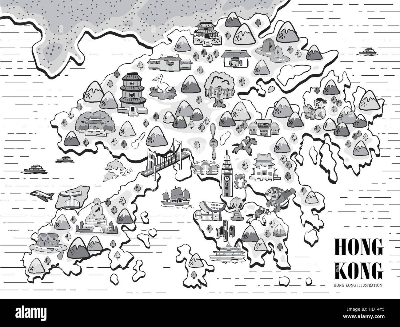 La simplicité à la main la carte de voyage de Hong Kong en monochrome Illustration de Vecteur