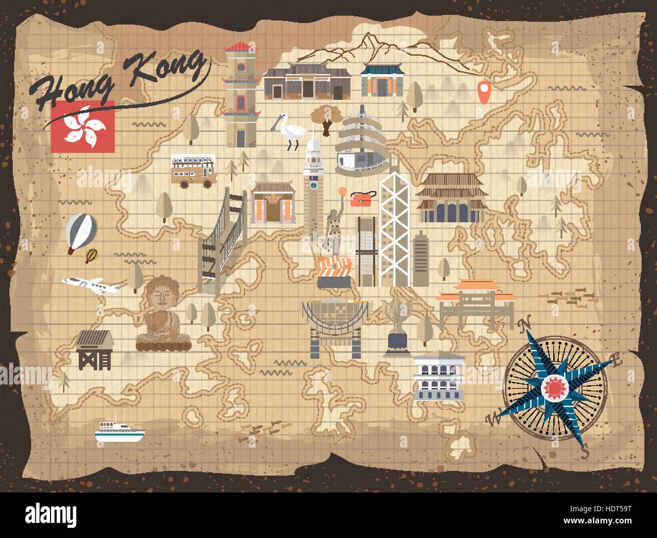 Hong Kong vintage travel concept map en version plate Illustration de Vecteur