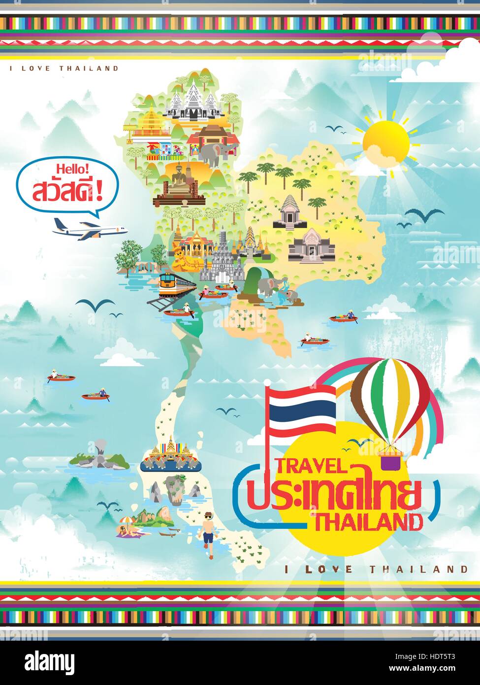 La carte de voyage Thaïlande attrayant dans un style plat - Thaïlande et bonjour mots en thaï Illustration de Vecteur