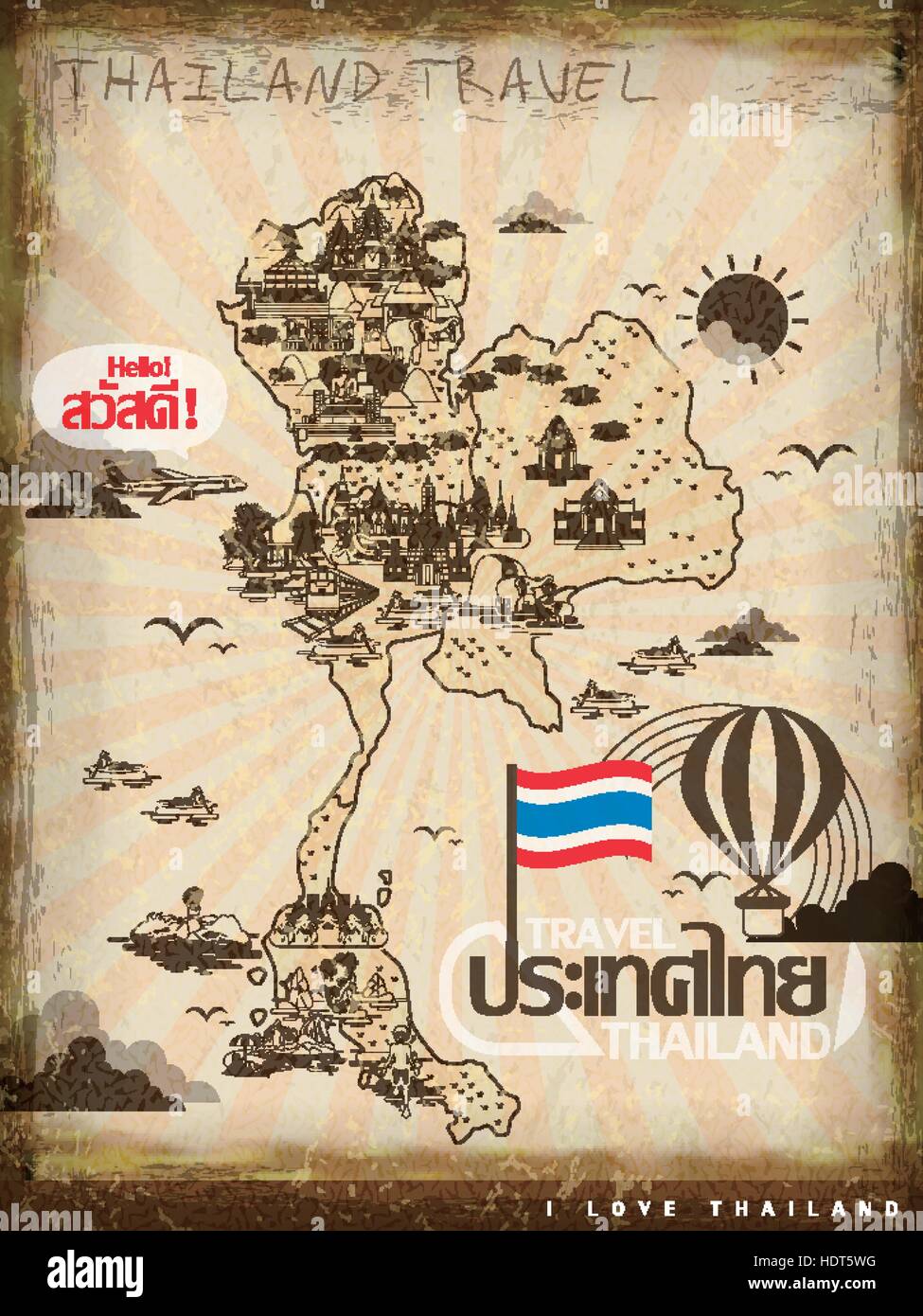Retro Thaïlande travel concept poster en style de ligne - la Thaïlande et bonjour mots en thaï Illustration de Vecteur