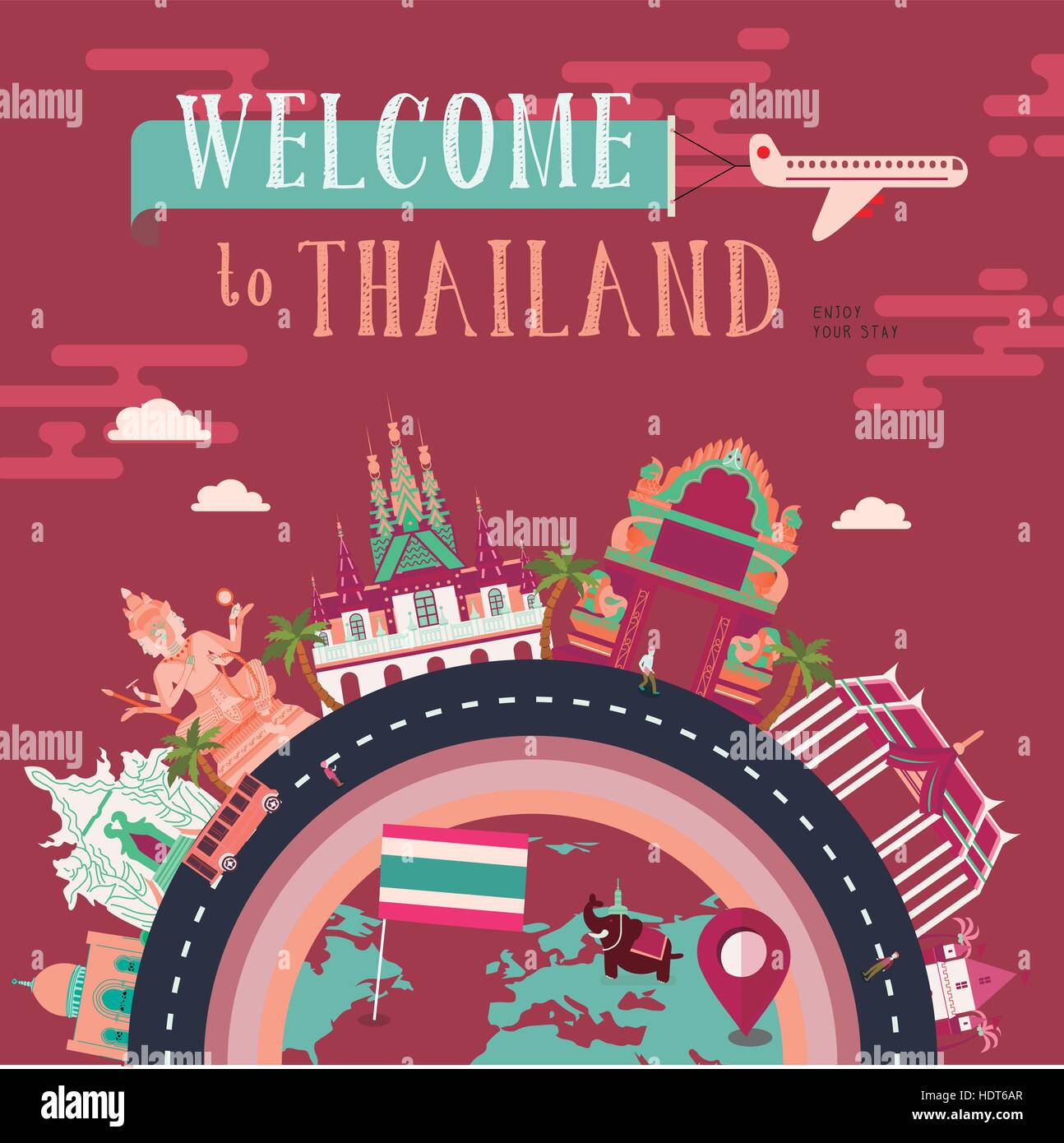 Lovely Thailand Travel concept poster en style plat Illustration de Vecteur