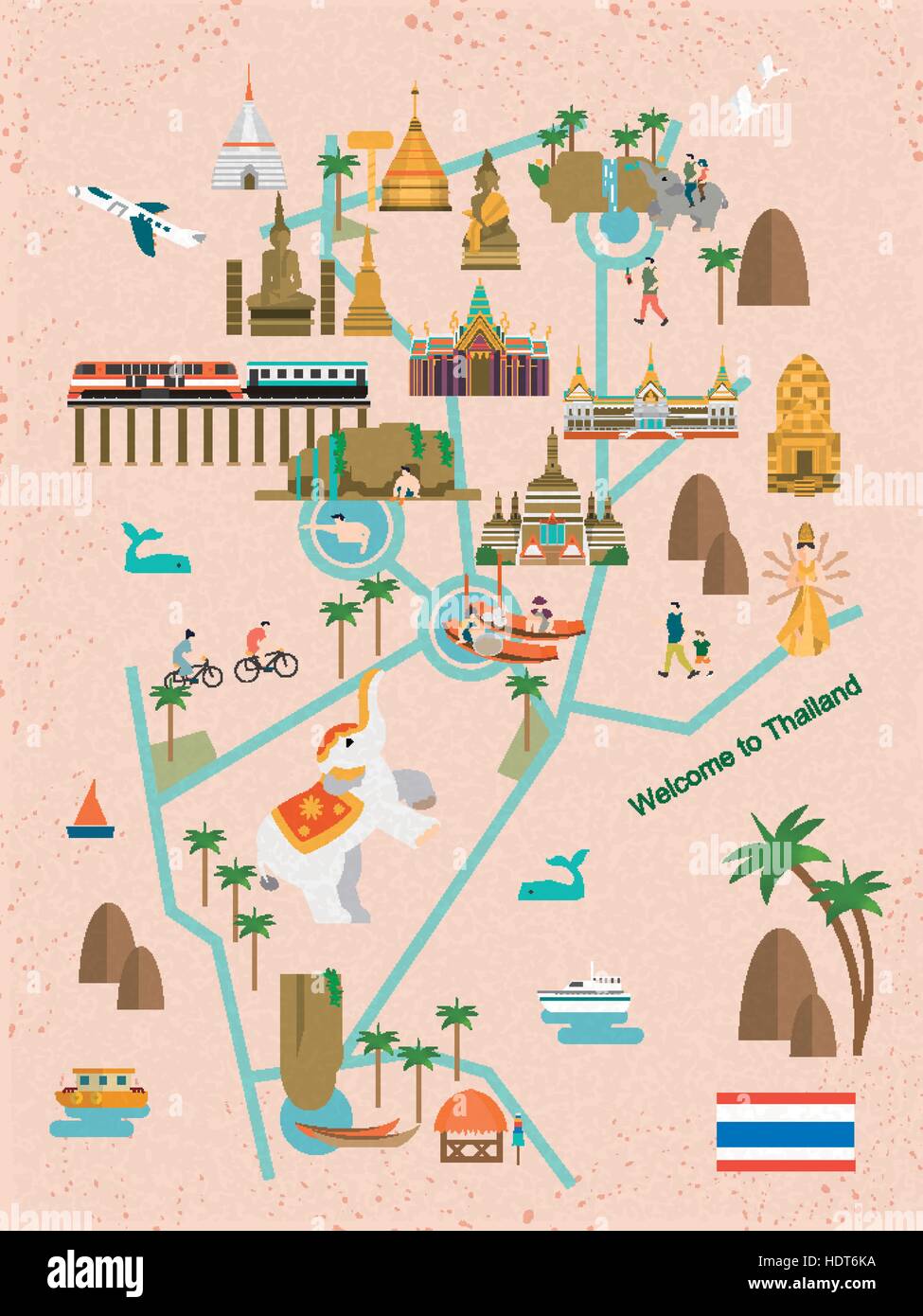 Adorable Thaïlande Carte de promenades dans un style plat Illustration de Vecteur