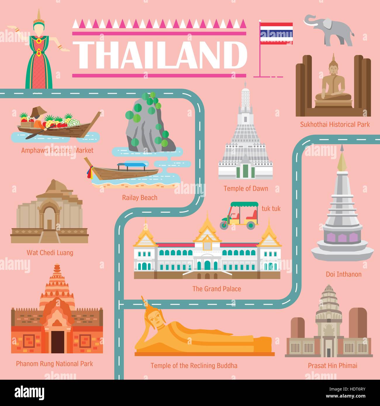 Adorable Thaïlande Carte de promenades dans un style plat Illustration de Vecteur