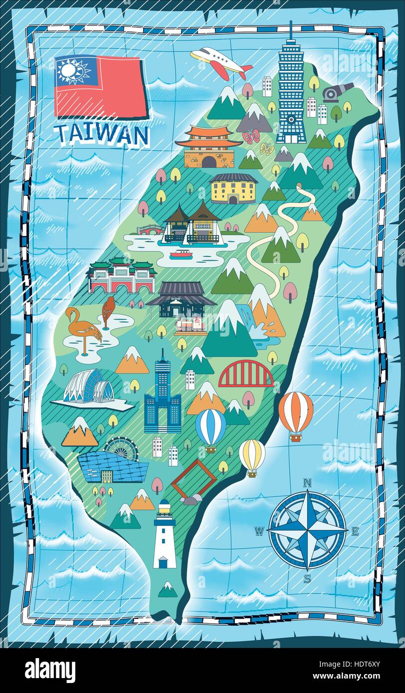 Adorable carte de voyage de Taiwan avec des attractions dans un style plat Illustration de Vecteur