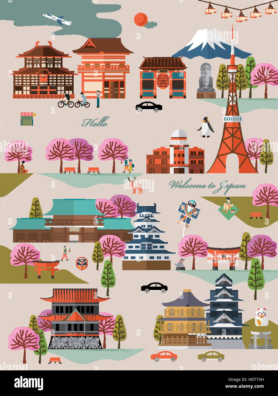 Voyage Japon attrayant l'annonceur avec Sakura et attractions Illustration de Vecteur