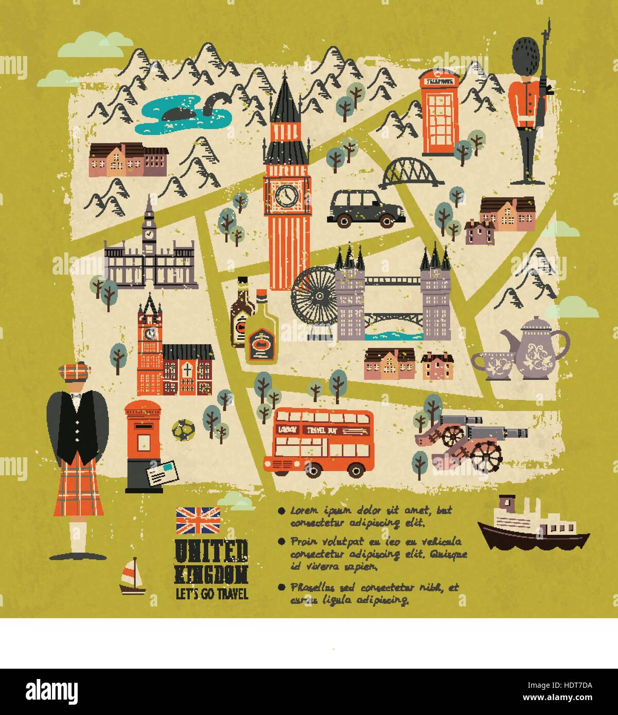 Royaume-uni Carte de promenades avec des attractions en modèle plat Illustration de Vecteur