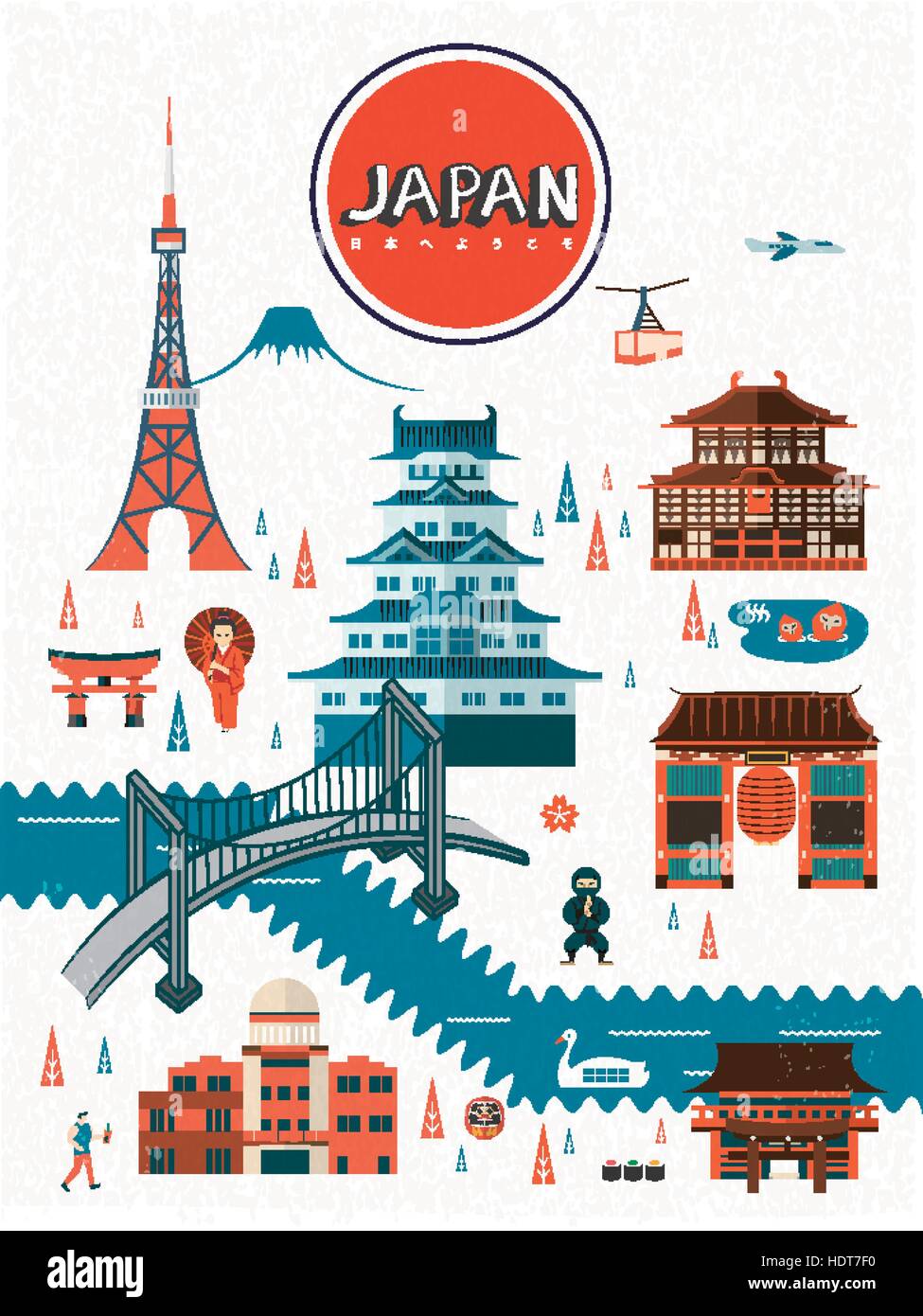 La conception d'affiches de voyage Japon exquis - Bienvenue au Japon dans des mots Illustration de Vecteur