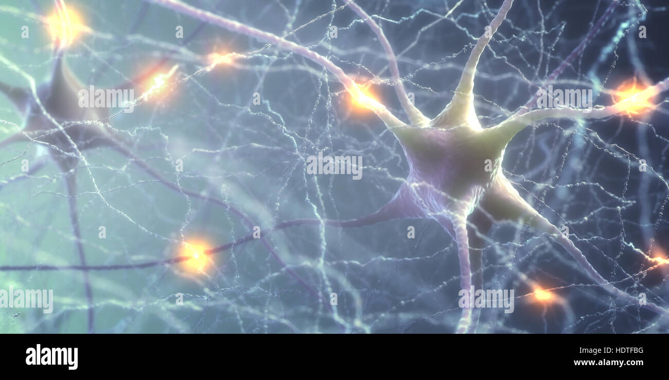 3D illustration de neurones interconnectés avec des impulsions électriques. Banque D'Images