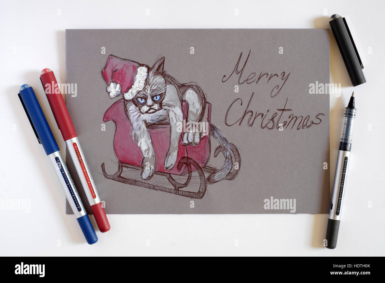 Une carte de Noël personnalisée à la main représentant un chat dans santa claus costume avec des stylos de couleur Banque D'Images