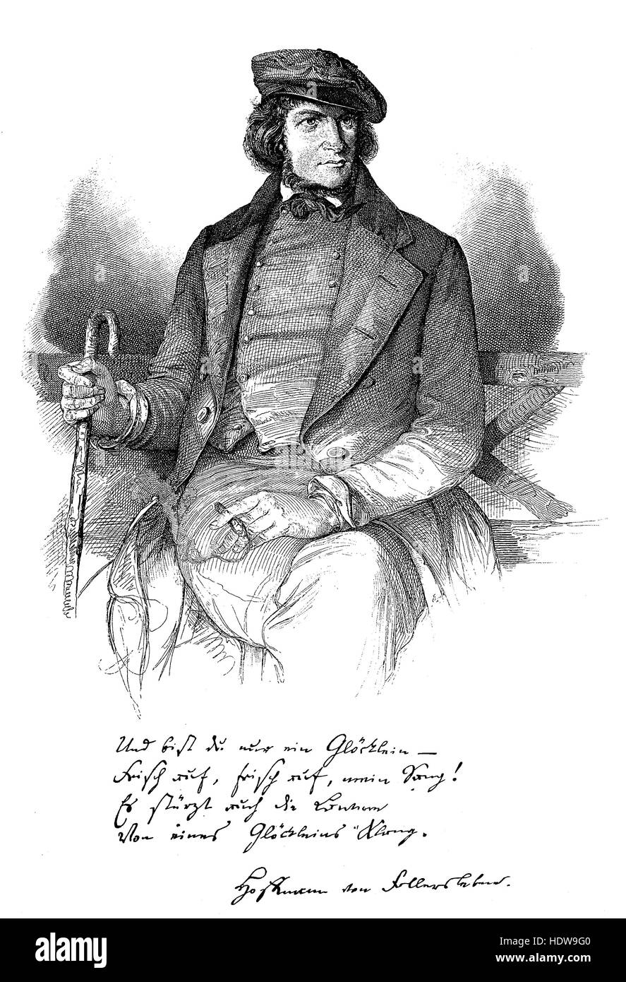 August Heinrich Hoffmann von Fallersleben, 1798-1874, un poète allemand, gravure sur bois de l'année 1880 Banque D'Images