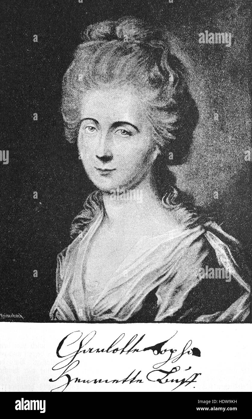 Charlotte Buff, 1753-1828, une jeune connaissance du poète Goethe, le personnage de Lotte, dans le roman de Goethe les souffrances du jeune Werther, gravure sur bois de l'année 1880 Banque D'Images