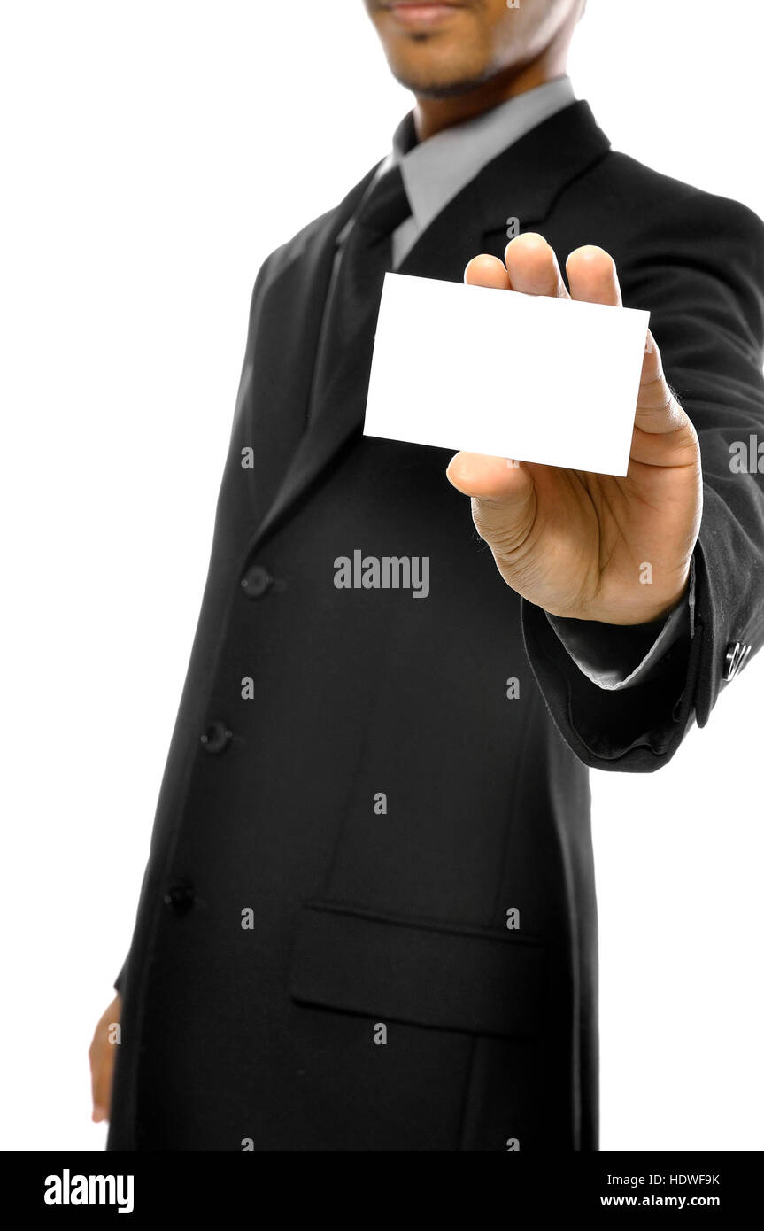 Business man holding carte nom isolé sur fond blanc Banque D'Images