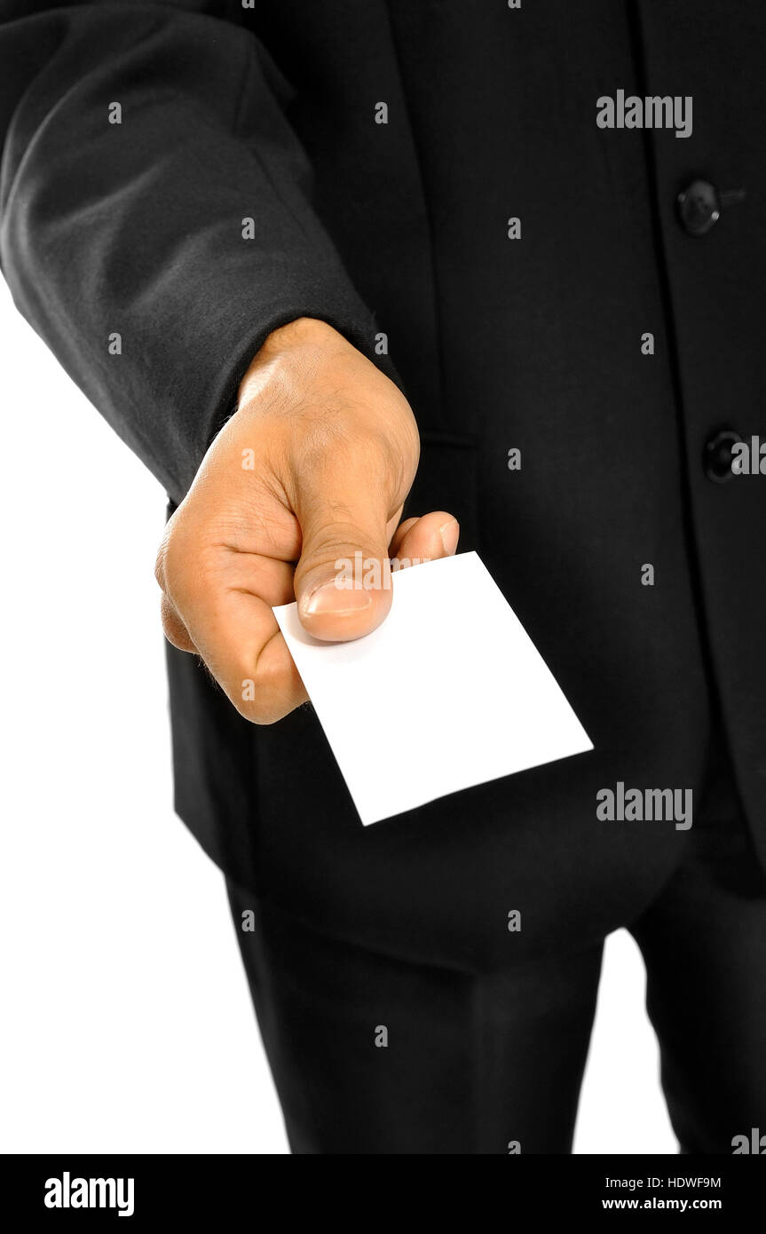 Business man holding carte nom isolated over white background. Vous pouvez mettre votre message sur la carte Banque D'Images
