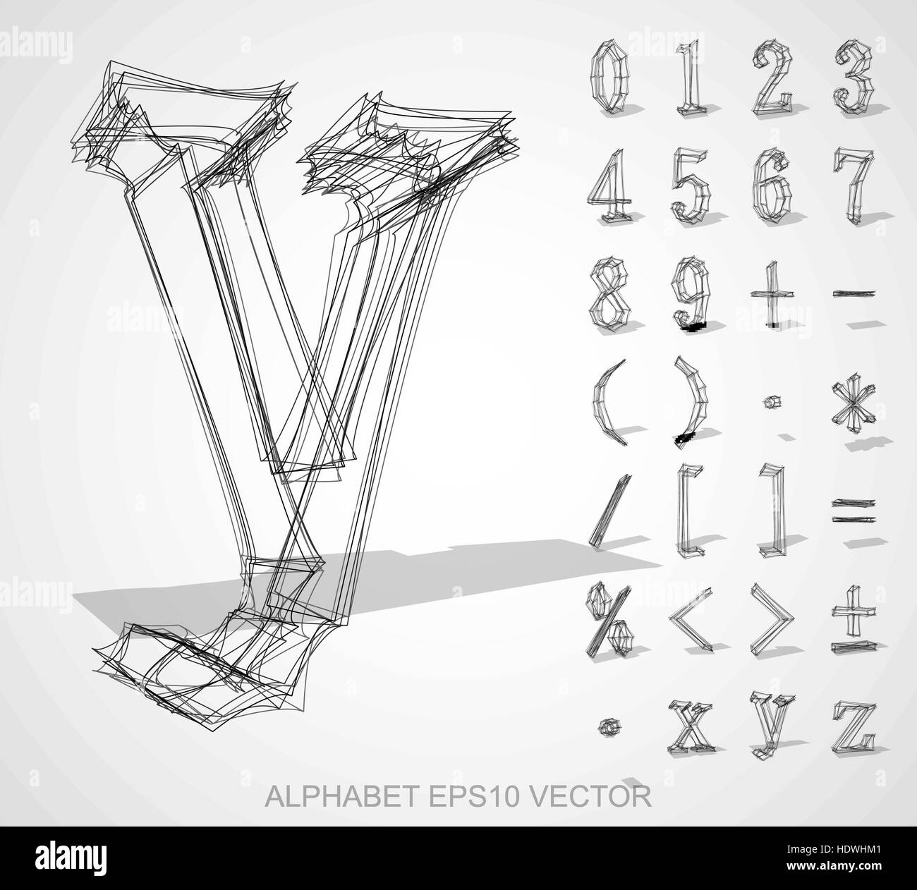 Abstract illustration d'un des croquis de chiffres et de symboles mathématiques avec ombre transparente. Ensemble de 3D dessinés à la main, chiffres et symboles mathématiques fo Illustration de Vecteur