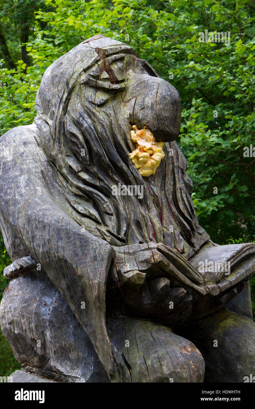 Poulet des bois : fungus (sulphureus) issues d'une statue en bois. Llandrindod Wells, Powys, Pays de Galles. En août. Banque D'Images