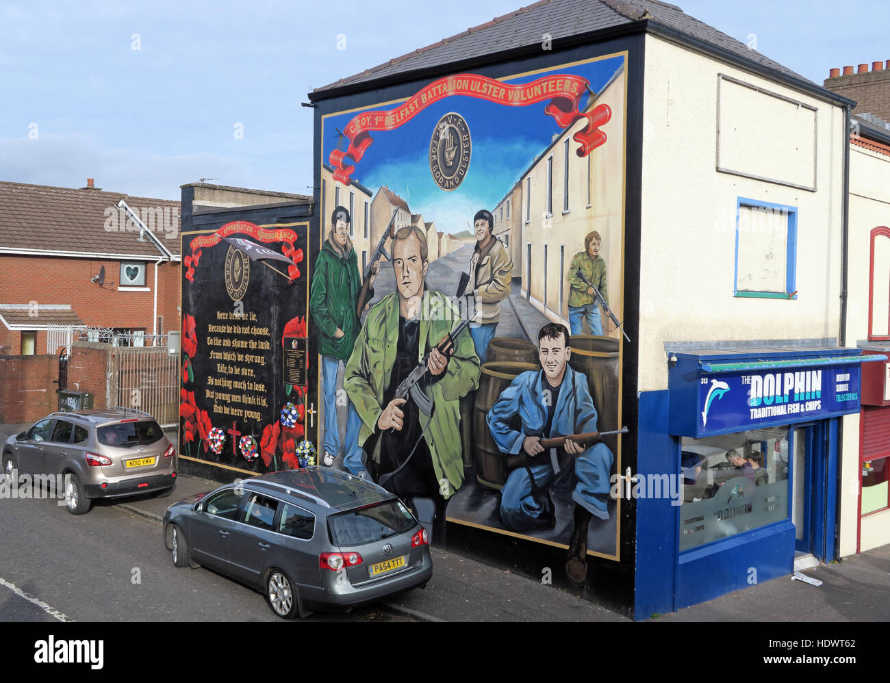 UFF bénévoles murale unioniste, off Shankill Road West Belfast, Irlande du Nord, Royaume-Uni Banque D'Images