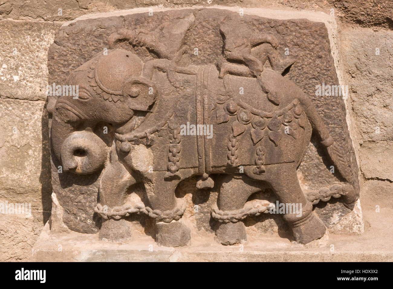 Sculpture d'un éléphant à l'entrée de la forteresse de Daulatabad, Inde. 14e siècle Banque D'Images