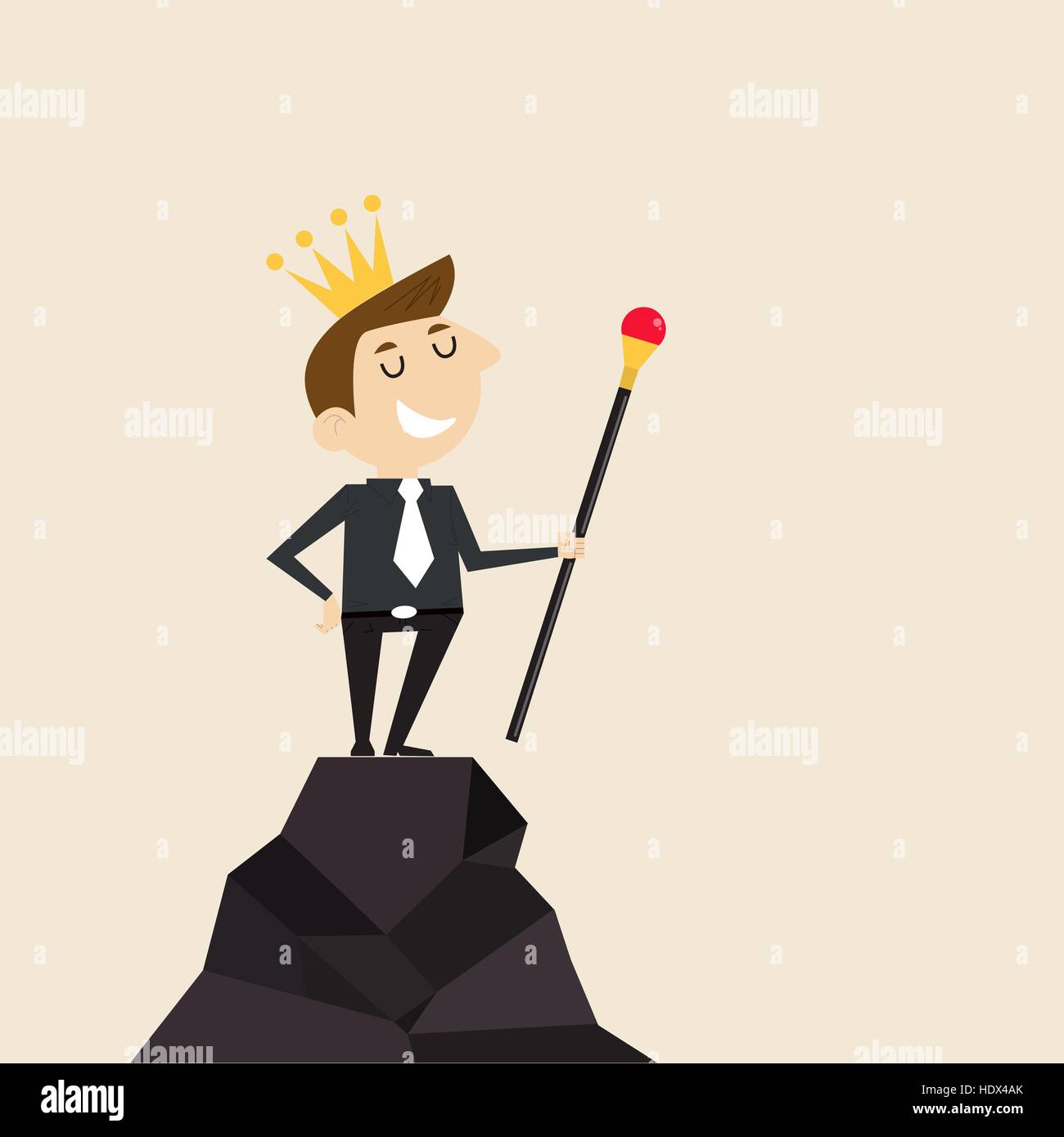 Manager, employée de bureau ou homme debout sur le sommet de la montagne et de tenir le sceptre dans sa main avec la couronne sur sa tête. Notion d'entreprise Illustration de Vecteur