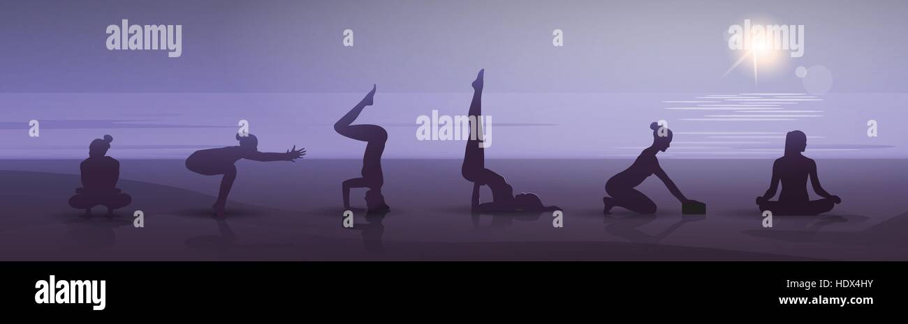 Position de Yoga Sport Jeu de fille Femme Fitness Workout Exercice Silhouette en clair de lune Illustration de Vecteur