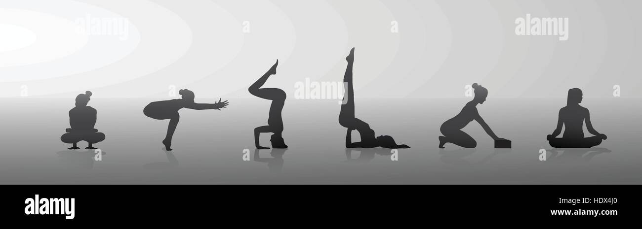 Position de Yoga Sport Jeu de fille Femme Fitness Workout Exercice Silhouette en clair de lune Illustration de Vecteur