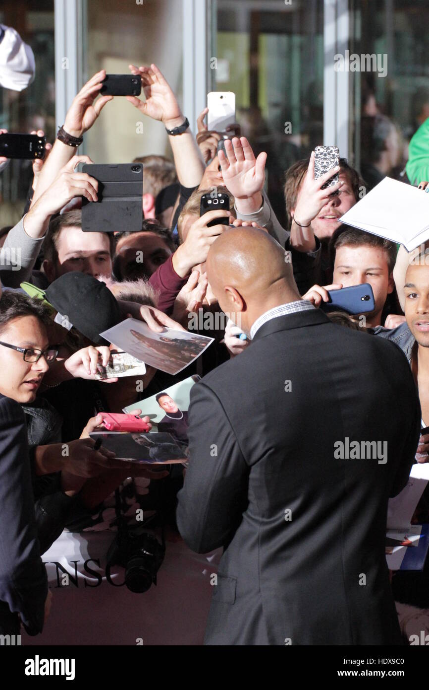 Berlin, Allemagne, Août 21st, 2014 : Dwayne Johnson, Rufus Sewell et Irina Shayk assister à la première du film 'Hercules'. Banque D'Images