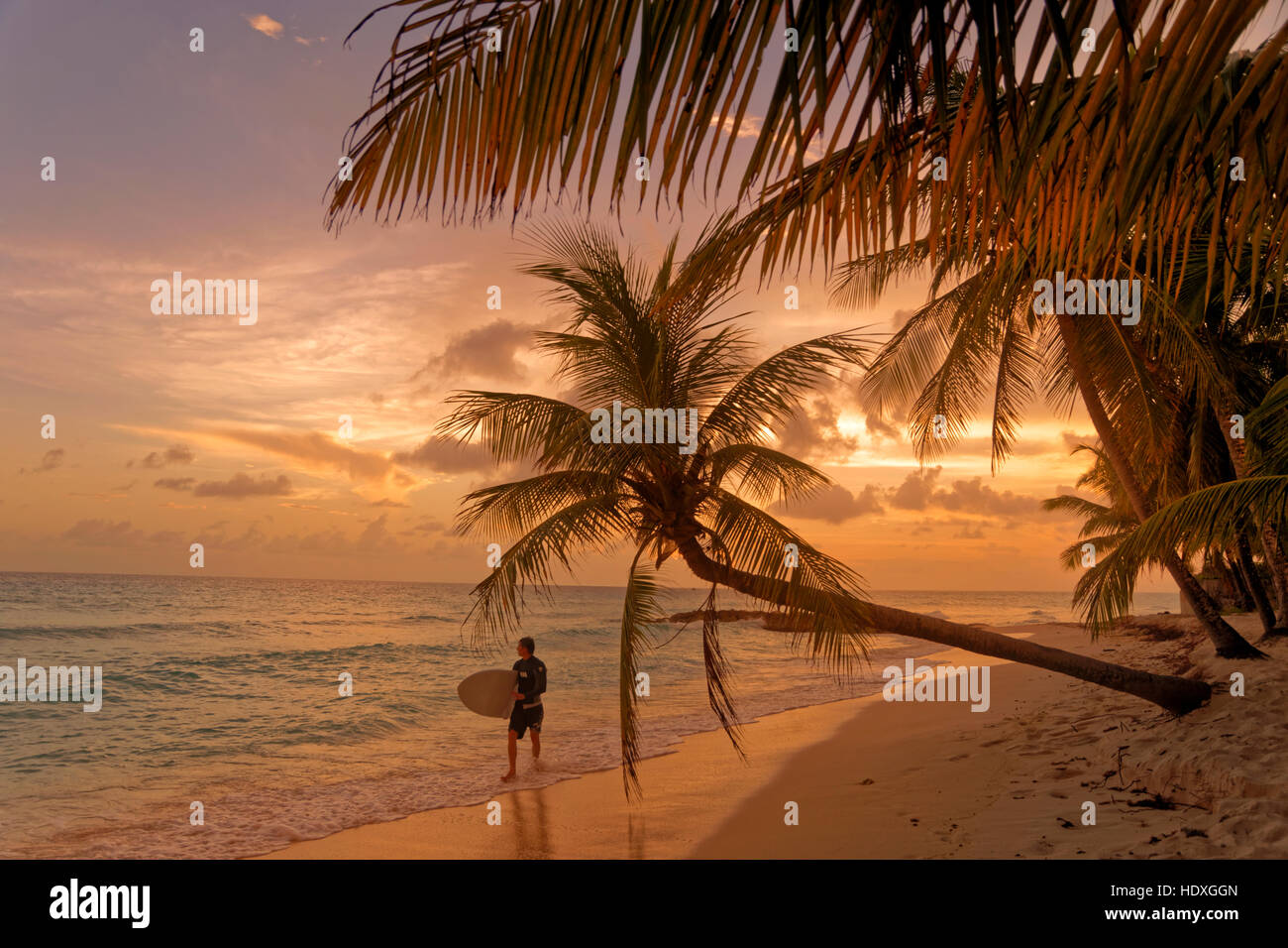Surfer et coucher du soleil à Dover Beach, St Lawrence Gap, Côte Sud, Barbade, Caraïbes. Banque D'Images