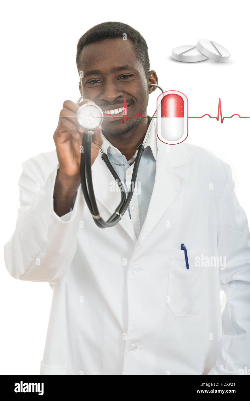 Noir afro-américain avec l'homme médecin stéthoscope avec EKG âtre Banque D'Images Noir afro-américain avec l'homme médecin stéthoscope avec EKG âtre Banque D'Images
