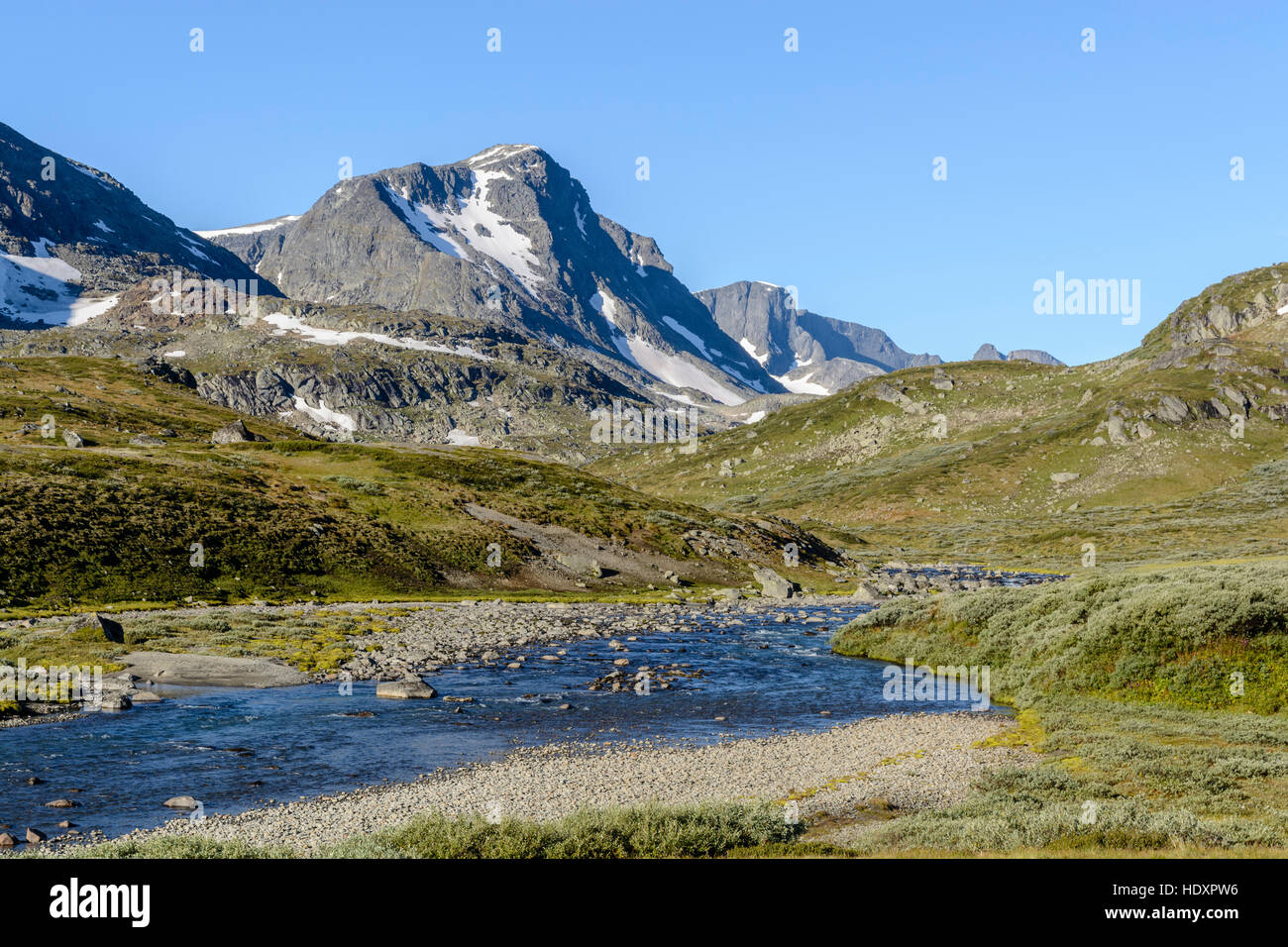 Dans Leirungsdalen la rivière, le parc national de Jotunheimen, Norvège Banque D'Images