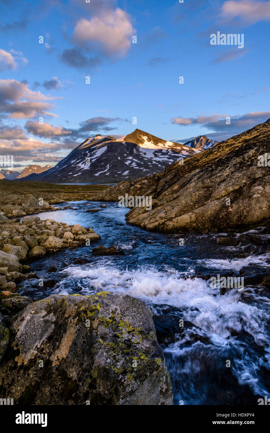 Brook au lac Langvatnet au coucher du soleil, le parc national de Jotunheimen, Norvège Banque D'Images